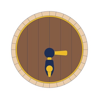 Old liquor barrel with tap 2D cartoon object. Wine container. Vintage wooden cask for expensive alcohol drinks storing isolated element flat clipart on white background. Spot illustration vector