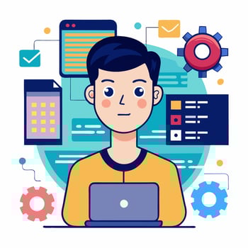 A man is working on a laptop with icons around him vector