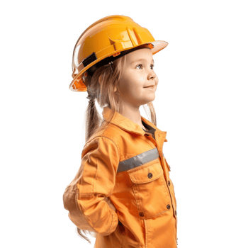 Smiling little girl wearing hard hat construction worker uniform standing side view isolate on transparency background png