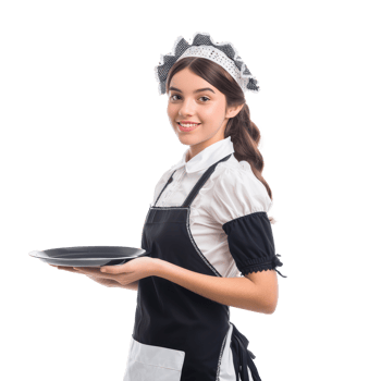 Smiling young attractive female in maid custome with hand holding tray side view isolate on transparency background png