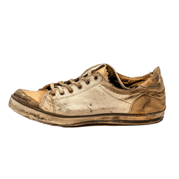 Old vintage damaged sport shoes side view isolate on transparency background png