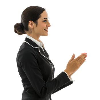 Smiling air hostess woman greeting with respect palm joint gesture side view isolate on transparency background png
