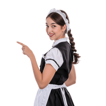 Smiling young attractive female in maid custome with hand gesture pointing something side view isolate on transparency background png