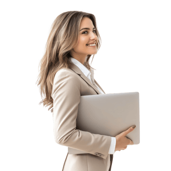Happy businesswoman holding laptop looking away with smiling and confident side view isolate on transparency background png