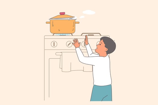 Child runs risk of getting burned and injured by reaching for pot, located on kitchen stove vector