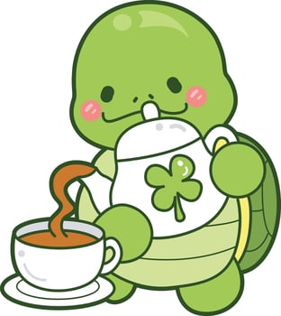 Turtle pouring a tea. Kawaii turtle daily life sticker cute. Cute turtle mascot illustrations. vector