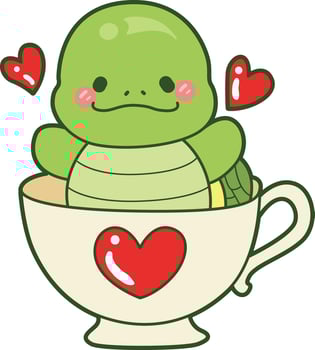 Turtle in the cup of tea. Kawaii turtle daily life sticker cute. Cute turtle mascot illustrations. vector