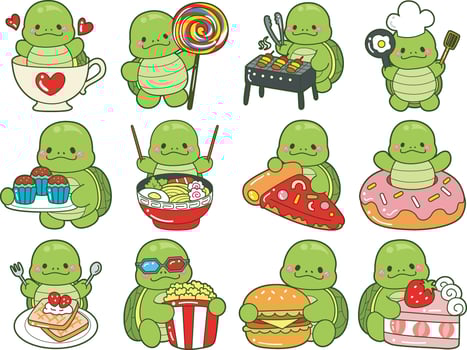 Kawaii turtle daily life sticker cute. Variation food of cute turtle Cute turtle mascot illustrations. vector