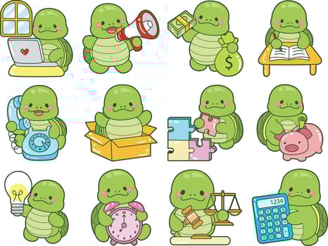 Kawaii turtle daily life sticker cute. Cute turtle mascot illustrations. Turtle in the variation of education vector