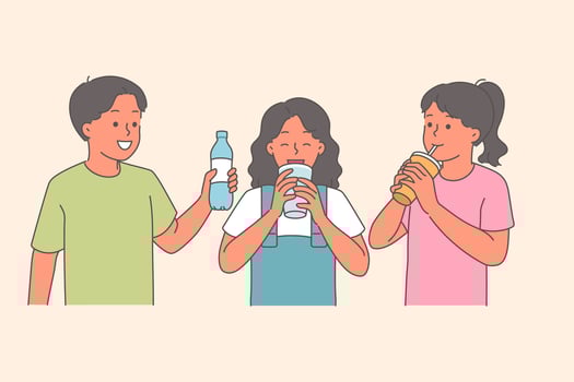 Small children drink water and lemonade to refresh themselves after walk in summer weather vector
