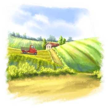 The illustration with Farm landscape with House and red Truck png