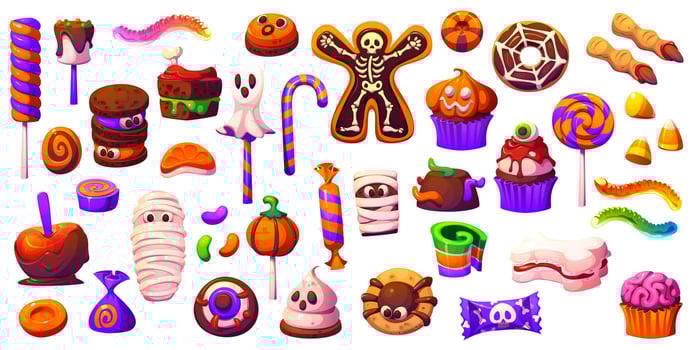 Cartoon Halloween holiday sweets, spooky desserts vector