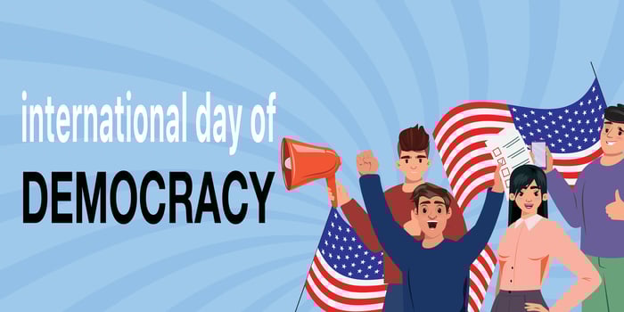 International Democracy Day banner with youth holding vote papers, megaphone, and a cellphone for digital voting vector