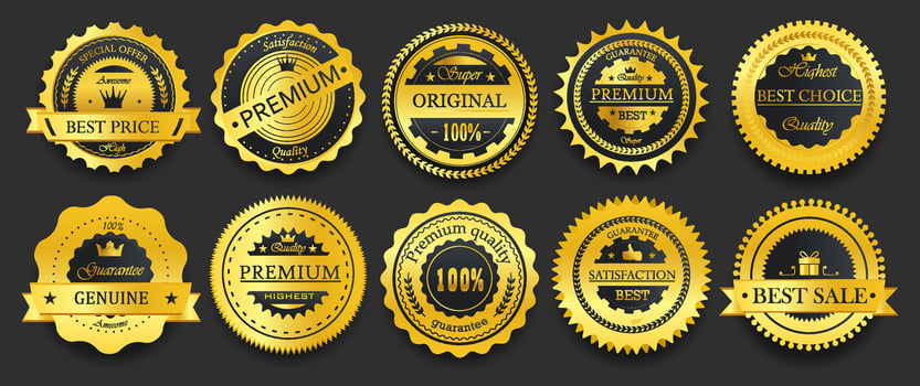 Golden premium quality badges. Luxury emblems in retro style. Quality, guaranteed, genuine badges vintage decoration. vector