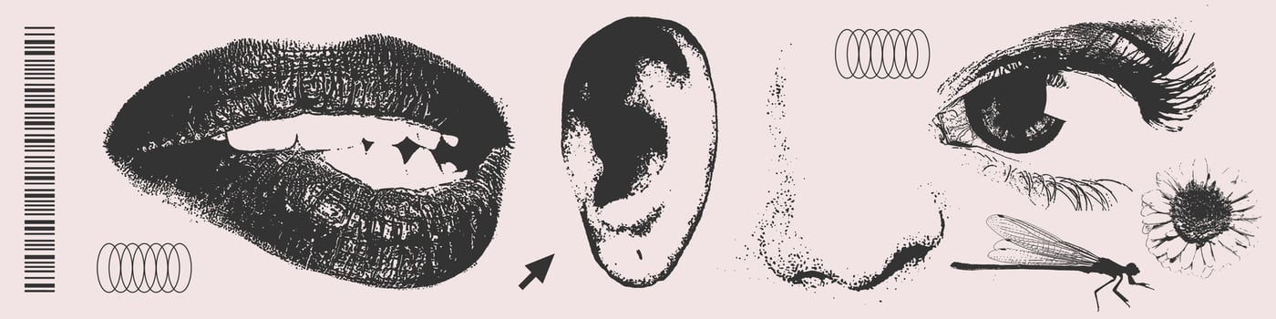 Woman lips, ear, nose and eye as retro halftone collage elements with minimalistic brutalism decor for mixed media design. Photocopy messy shapes, girl faces in dotted print style. illustration vector