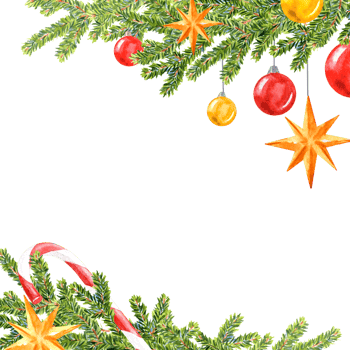 Hand painted pine branches and Christmas balls and Stars png