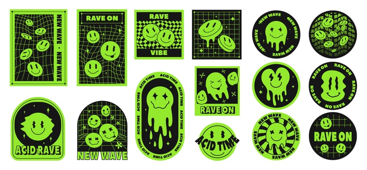 Psychedelic smile stickers. Trippy badges, neon green acid patches with melted emoji smiled face and hypnotic grid patterns, new wave emblems and 90s rave aesthetic music festival designs set vector