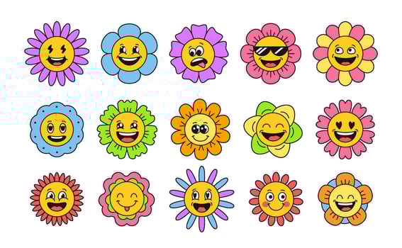 Groovy flower faces. Happy smiling daisy and laughing cartoon sunflower. Cute hippie, retro funky flowers and positive floral emoji stickers isolated illustration set vector
