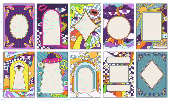 Retro psychedelic frames. Abstract groovy social media story post or 70s pop art photo frame with bohemian borders. Happy nostalgic vibe templates set vector