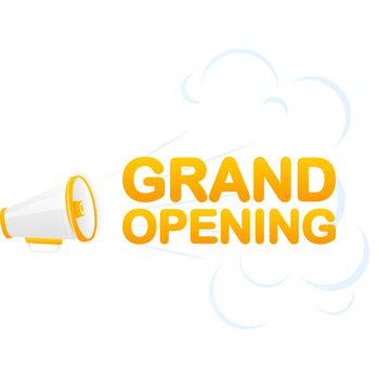 Megaphone red banner with grand opening sign. illustration png