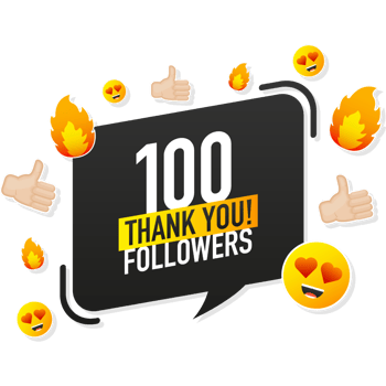 Thank you 100 followers on yellow background. White background. design. Flat design. Social media png
