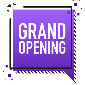 Grand opening purple banner in flat style on red background. illustration png