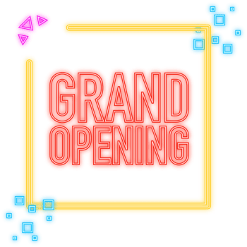 Megaphone blue banner with grand opening sign. illustration. png