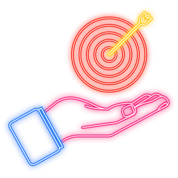 Neon Icon. Arrow hit goal ring with hand in archery target. illustration. png