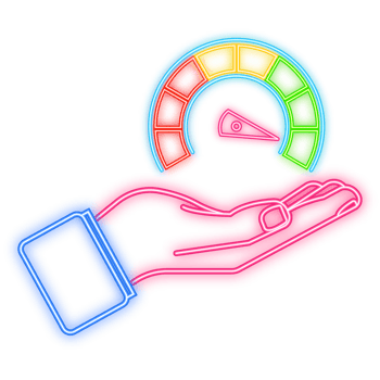 Neon Icon. Credit score speedometer in hand on white background. png