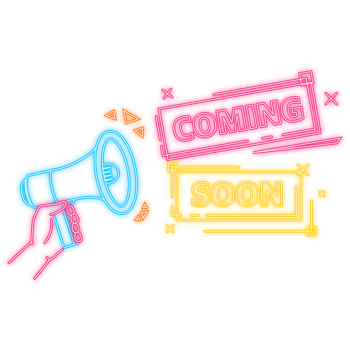 Neon Icon. Coming soon megaphone yellow banner in 3D style on white background. illustration png