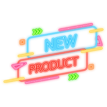 New product banner. Neon badge in blue color. Product advertising. Web design. illustration png