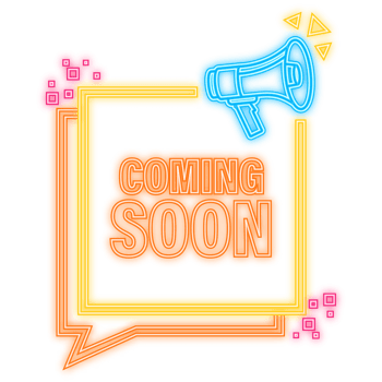 Neon Icon. Coming soon megaphone yellow banner in 3D style on white background. illustration png