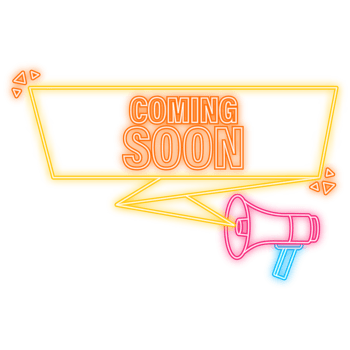 Neon Icon. Coming soon megaphone yellow banner in 3D style on white background. illustration png