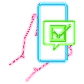 Neon Icon. Hand holds phone with check mark on screen on green background. illustration png