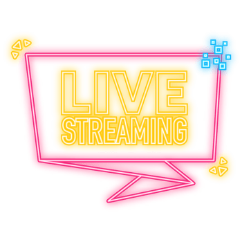 Neon Icon. Live streaming logo red design element with play button for news and TV or online broadcasting. png