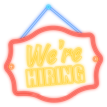 Neon Icon. Come in We're hiring hanging sign on white background. Sign for door. illustration. png