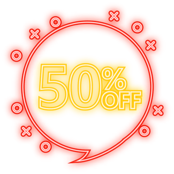 Neon Icon. Trendy flat advertising with 50 percent discount flat badge for promo design. Poster badge. Business design. illustration png
