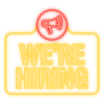 Neon Icon. Male hand holding megaphone with we are hiring speech bubble. Loudspeaker. Banner for business, marketing and advertising. png