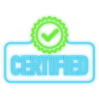 Neon Icon. Certified badge, stamp. Red seal of origin and quality. Certify flat button with check mark and shield png