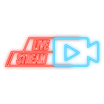 Neon Icon. Live streaming logo - red design element with play button for news and TV or online broadcasting. png