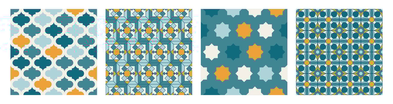 Collection of Arabic geometric mosaic printable seamless pattern with abstract Moroccan print in blue and orange colors. Ramadan Kareem Traditional Islamic art Illustration background vector