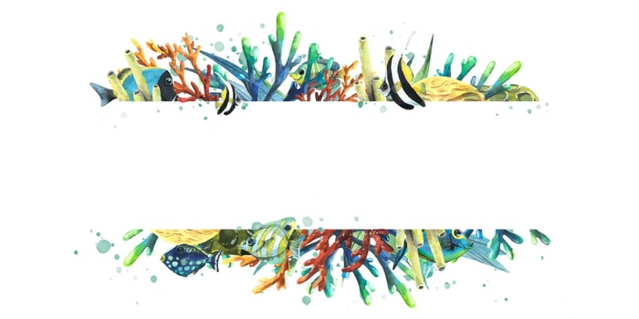 Horizontal board with tropical coral reef, algae, sea sponges, fish and splashes of paint. Watercolor illustration. Frame for registration and design of certificates, postcards, invitations, souvenirs vector