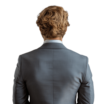 Rear view of a man with blonde curly hair wearing a gray suit, standing confidently, isolated on a transparent background png