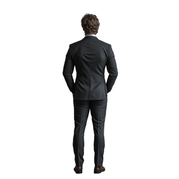 Rear view of a man in a formal black suit, standing with hands in pockets, isolated on a transparent background png