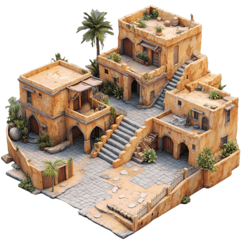Miniature model of a beige stone house with staircases and palm trees, symbolizing traditional architecture, isolated on a transparent background png