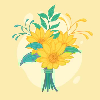 Yellow sunflower bouquet with green leaves vector