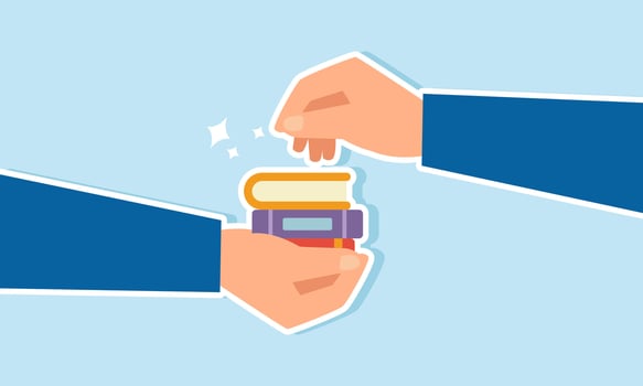 A businessman hand giving a stack of books to another hand, illustrating providing insights, literacy, or guidance for a business or company vector