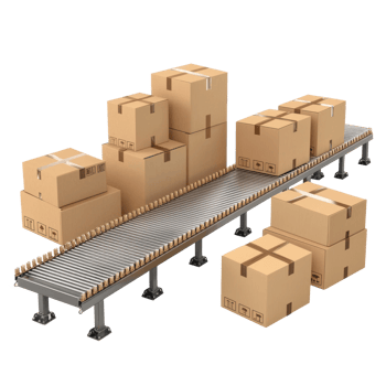 3D Cardboard Boxes and conveyor belt side view isolate on transparency background png