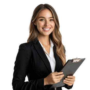 An attractive young businesswoman auditor writing on clipboard smiling and confident front view isolate on transparency background png
