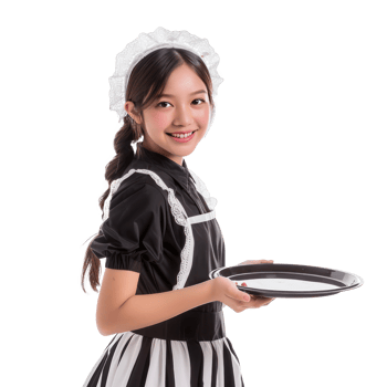 Smiling young attractive female in maid custome with hand holding tray isolate on transparency background png